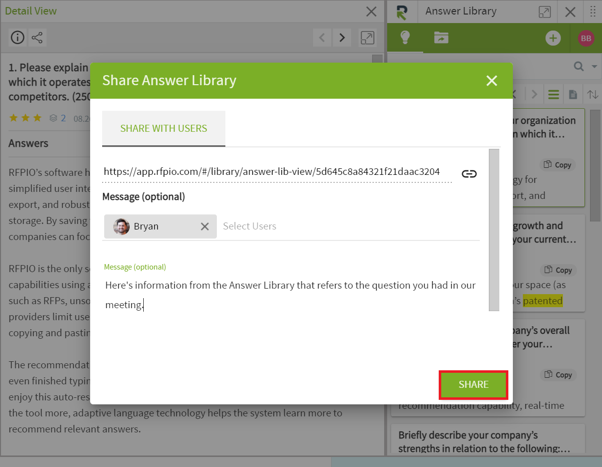 The sharing pop-up box