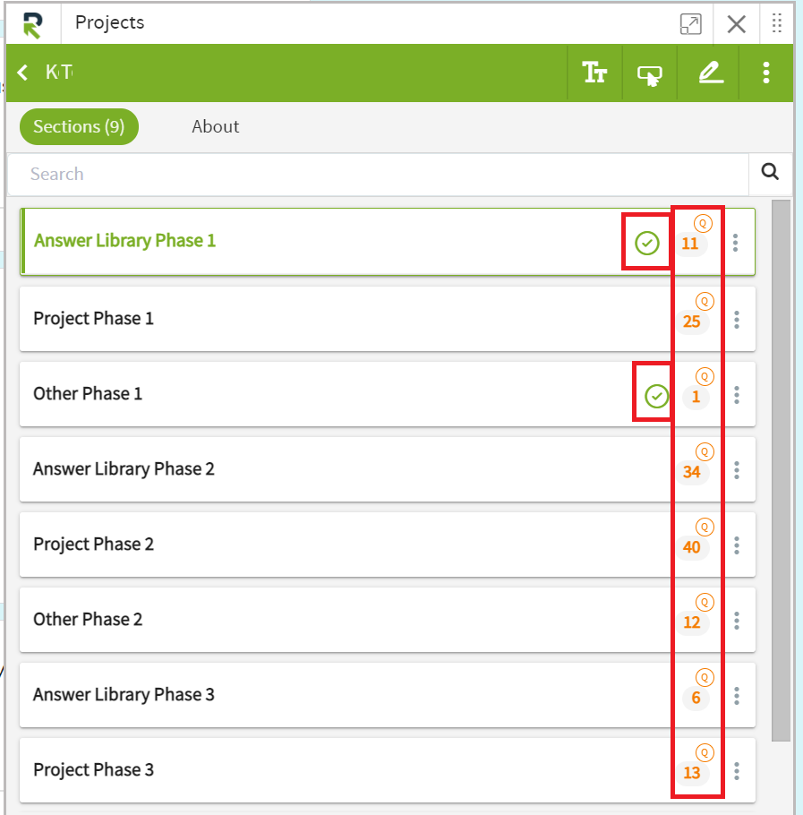 Project sections with green checks